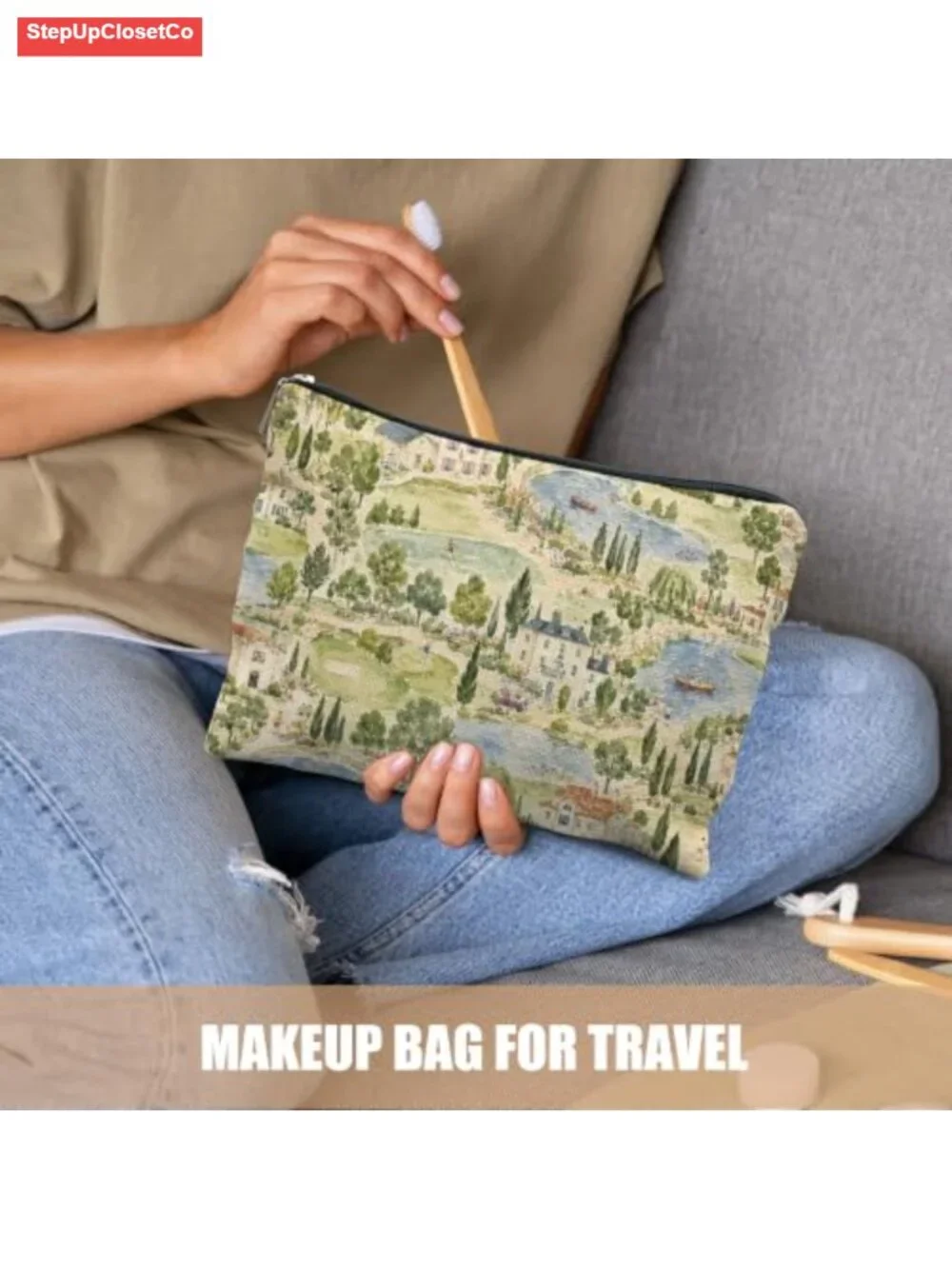 Vintage Garden Linen Cosmetic Bag Makeup Toiletry Travel Pouch Zipper